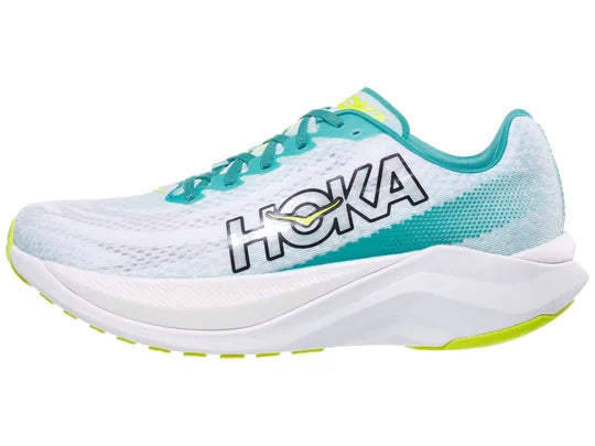 Men's Hoka Mach X. White upper. White midsole. Lateral view.