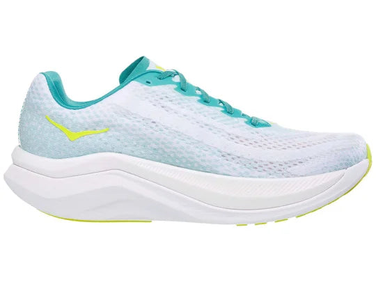 Men's Hoka Mach X. White upper. White midsole. Medial view.