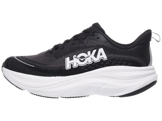 Men's Hoka Skyflow. Black upper. White midsole. Lateral view.