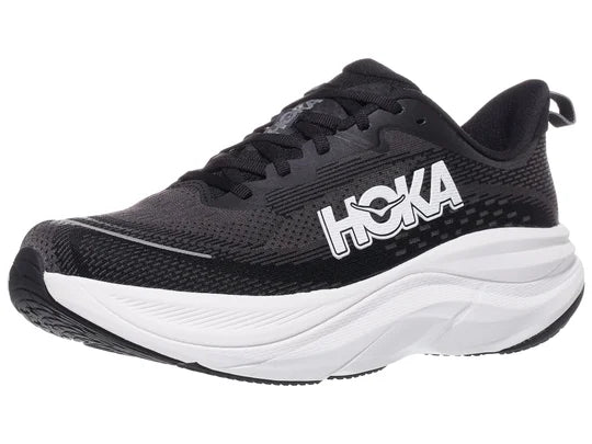 Men's Hoka Skyflow. Black upper. White midsole. Lateral view.