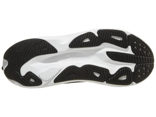 Men's Hoka Skyflow. Black upper. White midsole. Bottom view.