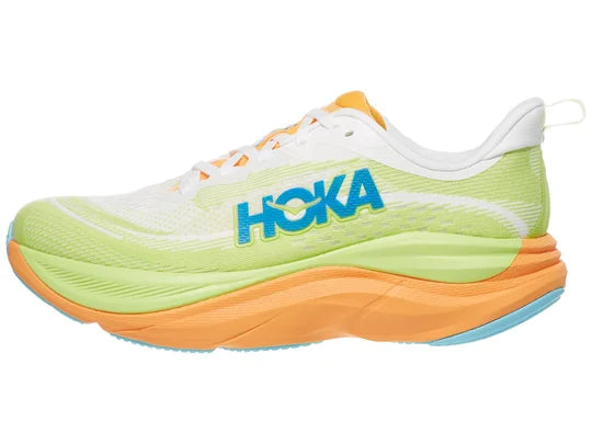 Men's Hoka Skyflow. Yellow upper. Orange midsole. Lateral view.