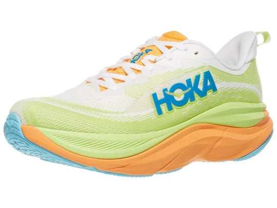 Men's Hoka Skyflow. Yellow upper. Orange midsole. Lateral view.