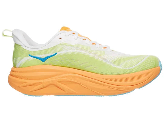 Men's Hoka Skyflow. Yellow upper. Orange midsole. Medial view.