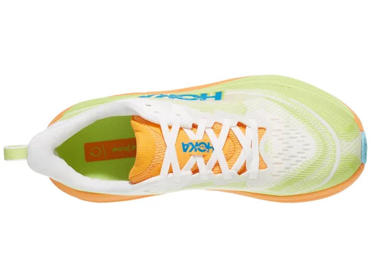 Men's Hoka Skyflow. Yellow upper. Orange midsole. Top view.