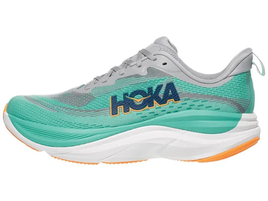 Men's Hoka Skyflow. Green upper. White midsole. Lateral view.