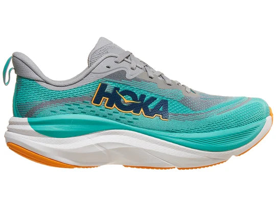 Men's Hoka Skyflow. Green upper. White midsole. Lateral view.