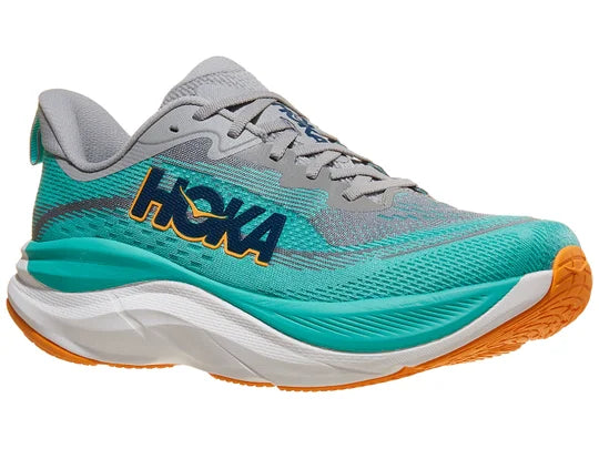 Men's Hoka Skyflow. Green upper. White midsole. Lateral view.