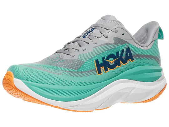 Men's Hoka Skyflow. Green upper. White midsole. Lateral view.