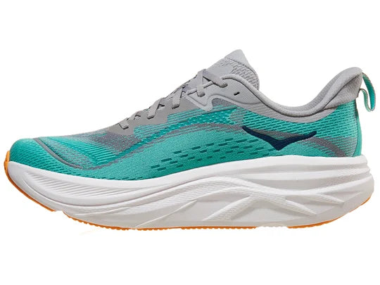 Men's Hoka Skyflow. Green upper. White midsole. Medial view.