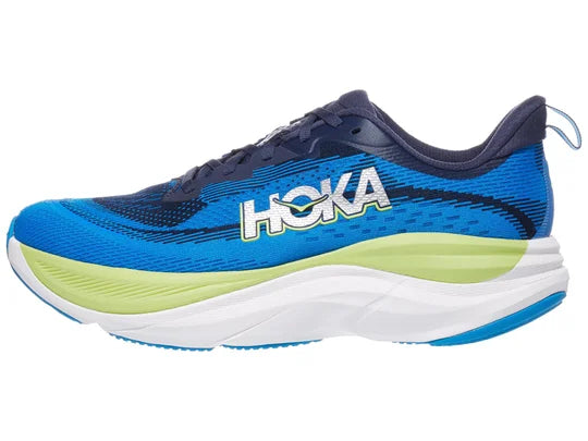 Men's Hoka Skyflow. Blue upper. White midsole. Lateral view.