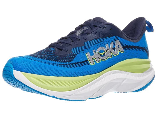 Men's Hoka Skyflow. Blue upper. White midsole. Lateral view.