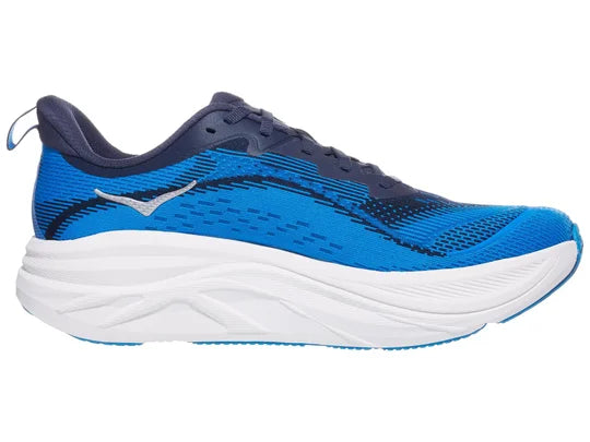 Men's Hoka Skyflow. Blue upper. White midsole. Medial view.