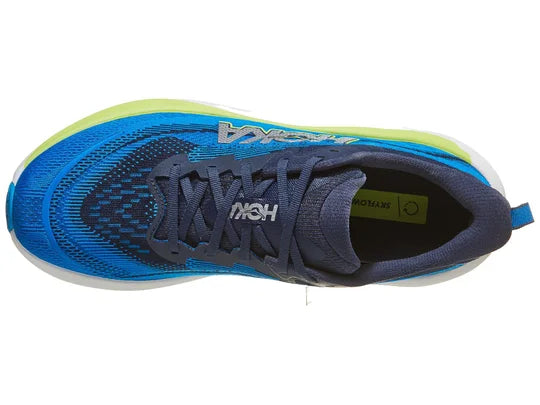 Men's Hoka Skyflow. Blue upper. White midsole. Top view.