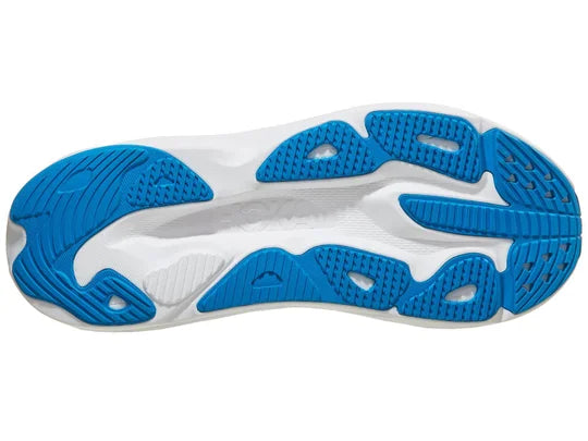 Men's Hoka Skyflow. Blue upper. White midsole. Bottom view.