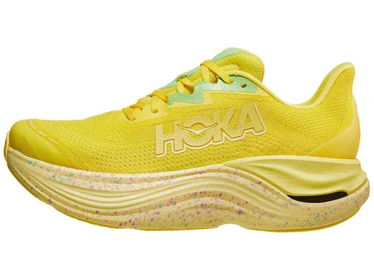 Men's Hoka Skyward X. Yellow upper. Yellow midsole. Lateral view.