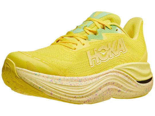 Men's Hoka Skyward X. Yellow upper. Yellow midsole. Lateral view.