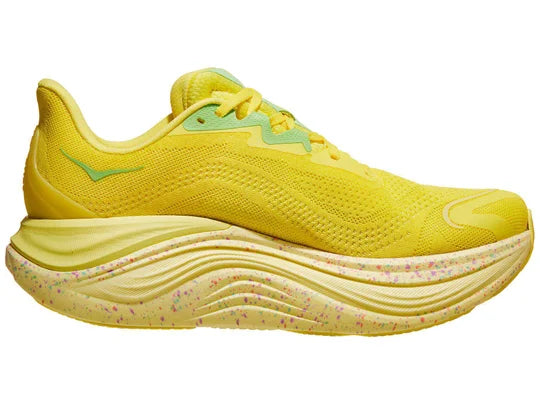 Men's Hoka Skyward X. Yellow upper. Yellow midsole. Medial view.