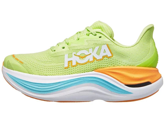 Men's Hoka Skyward X. Yellow upper. White midsole. Lateral view.