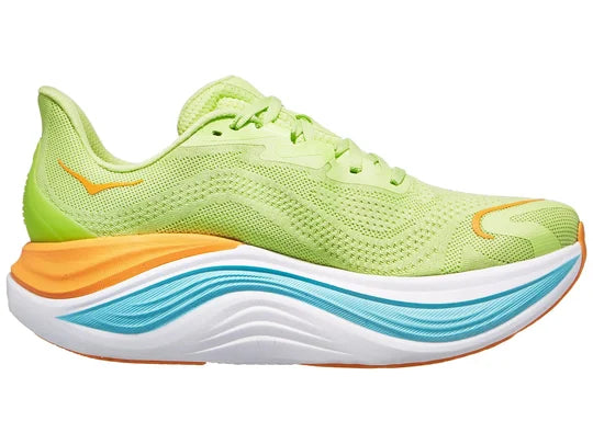 Men's Hoka Skyward X. Yellow upper. White midsole. Medial view.