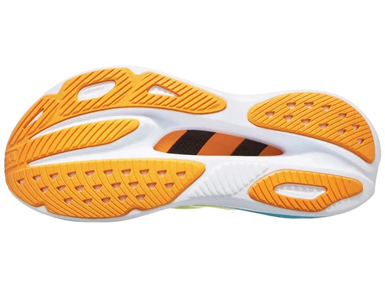 Men's Hoka Skyward X. Yellow upper. White midsole. Bottom view.