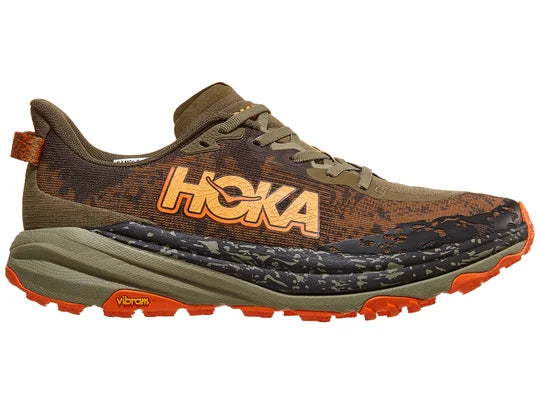 Men's Hoka Speedgoat 6. Brown upper. Green midsole. Lateral view.