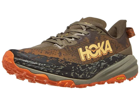 Men's Hoka Speedgoat 6. Brown upper. Green midsole. Lateral view.