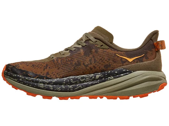 Men's Hoka Speedgoat 6. Brown upper. Green midsole. Medial view.