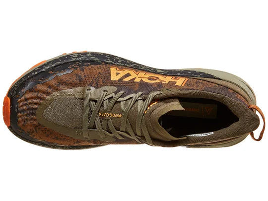 Men's Hoka Speedgoat 6. Brown upper. Green midsole. Top view.