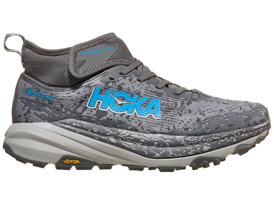 Men's Hoka Speedgoat 6 MID GTX. Grey upper. Grey midsole. Lateral view.