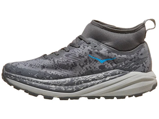 Men's Hoka Speedgoat 6 MID GTX. Grey upper. Grey midsole. Medial view.