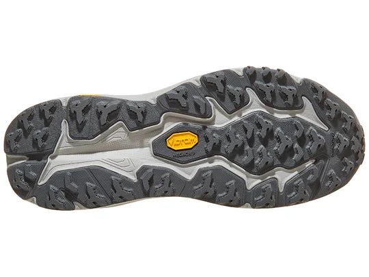 Men's Hoka Speedgoat 6 MID GTX. Grey upper. Grey midsole. Bottom view.