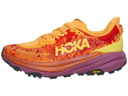 Men's Hoka Speedgoat 6. Red upper. Red/Purple midsole. Lateral view.