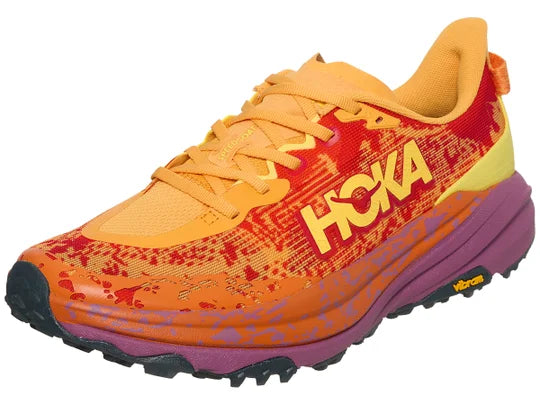 Men's Hoka Speedgoat 6. Red upper. Red/Purple midsole. Lateral view.