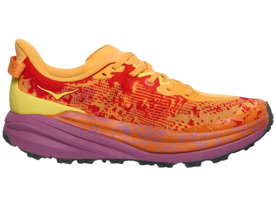 Men's Hoka Speedgoat 6. Red upper. Red/Purple midsole. Medial view.