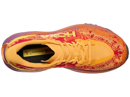 Men's Hoka Speedgoat 6. Red upper. Red/Purple midsole. Top view.