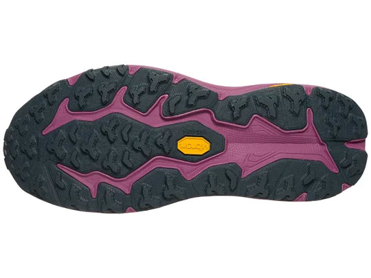 Men's Hoka Speedgoat 6. Red upper. Red/Purple midsole. Bottom view.