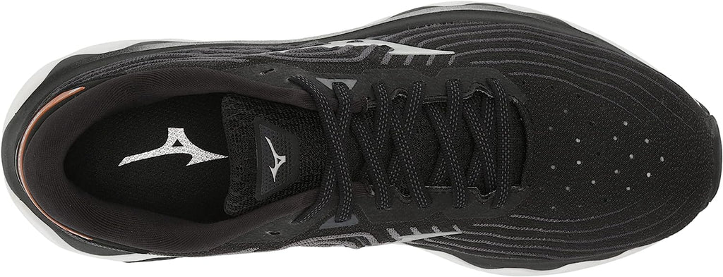 Men's Mizuno Wave Horizon 6. Black upper. White midsole. Top view.