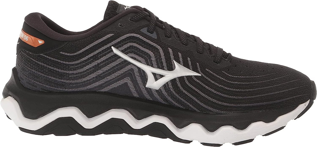 Men's Mizuno Wave Horizon 6. Black upper. White midsole. Medial view.