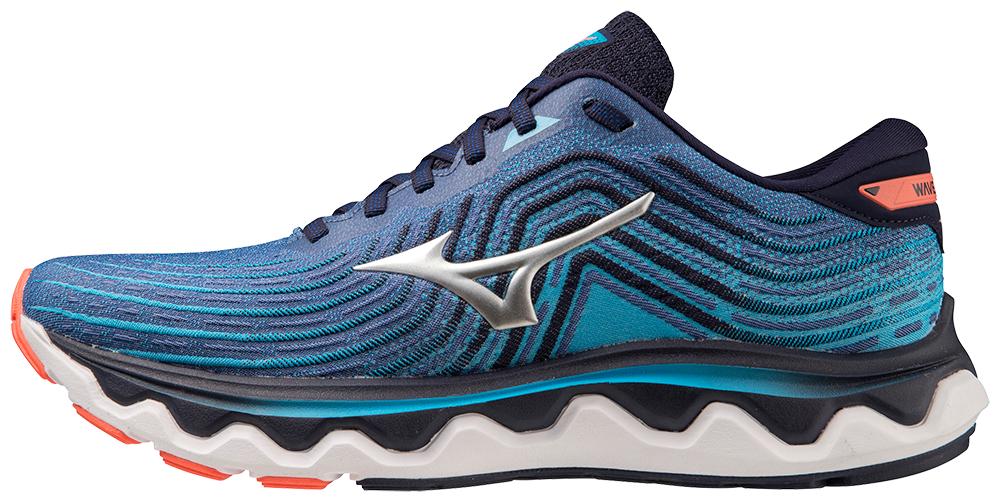 Men's Mizuno Wave Horizon 6. Blue upper. White midsole. Lateral view.