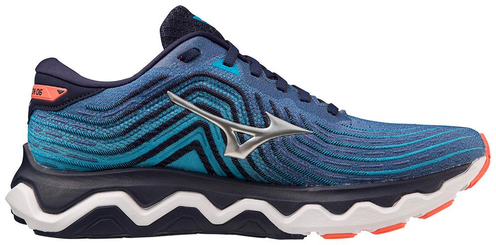 Men's Mizuno Wave Horizon 6. Blue upper. White midsole. Medial view.