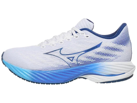 Men's Mizuno Wave Rider 18. White upper. Blue midsole. Lateral view.