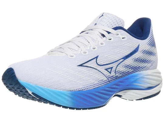 Men's Mizuno Wave Rider 18. White upper. Blue midsole. Lateral view.