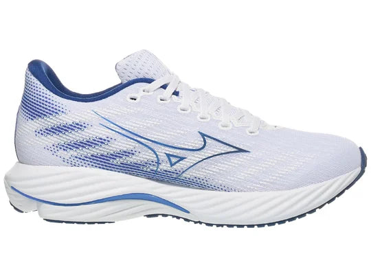 Men's Mizuno Wave Rider 18. White upper. Blue midsole. Medial view.