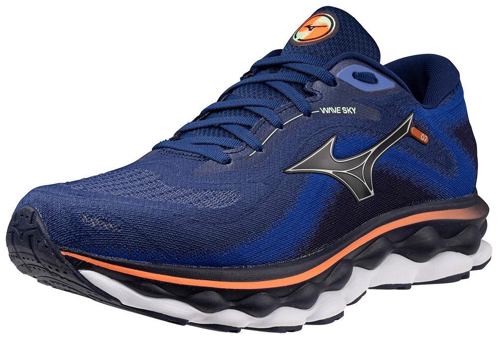 Men's Mizuno Wave Sky 7. Blue upper. Black/White midsole. Lateral view.