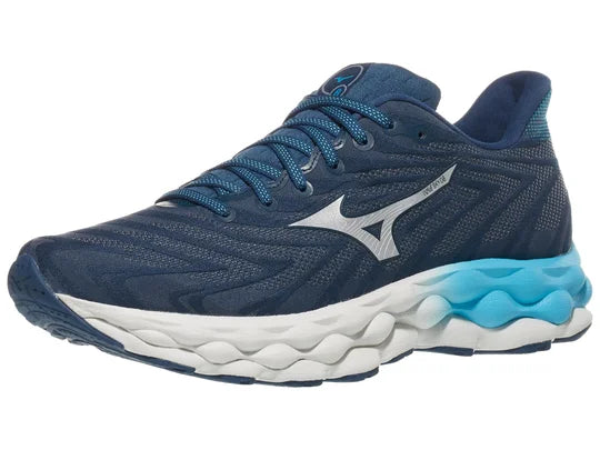 Men's Mizuno Wave Sky 8. Blue upper. White midsole. Lateral view.