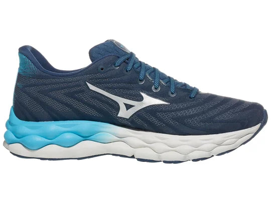 Men's Mizuno Wave Sky 8. Blue upper. White midsole. Medial view.