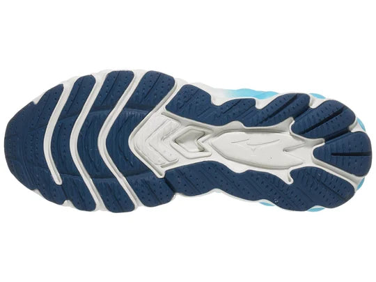 Men's Mizuno Wave Sky 8. Blue upper. White midsole. Bottom view.