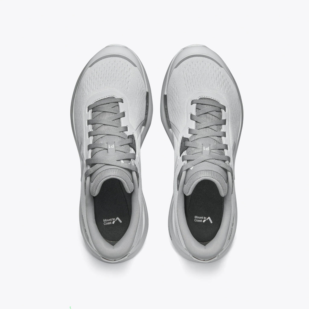 Men's Mount to Coast P1. Grey upper. Grey midsole. Top view.