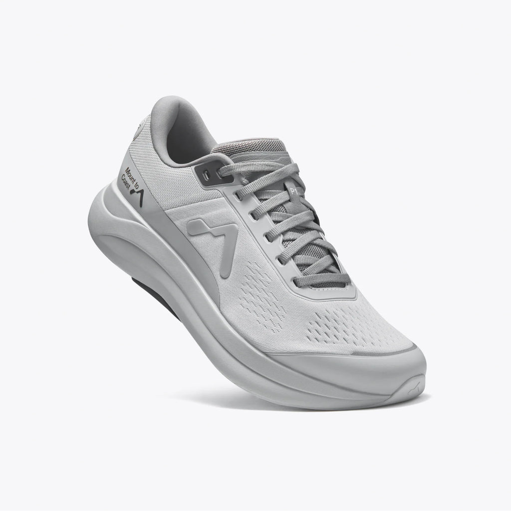 Men's Mount to Coast P1. Grey upper. Grey midsole. Lateral view.